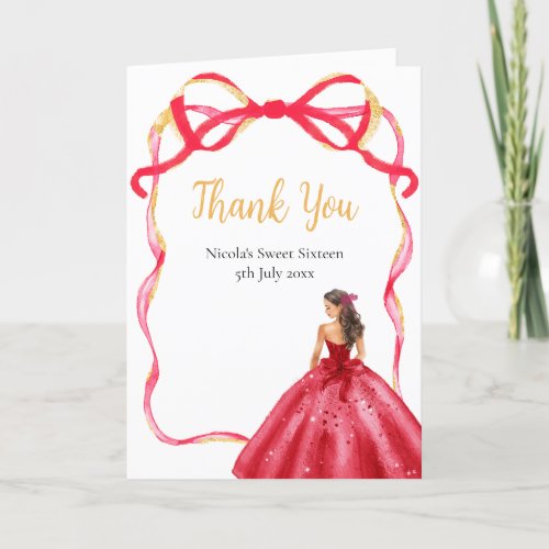 Ribbon Bright Red Gold Princess Sweet Sixteen Thank You Card