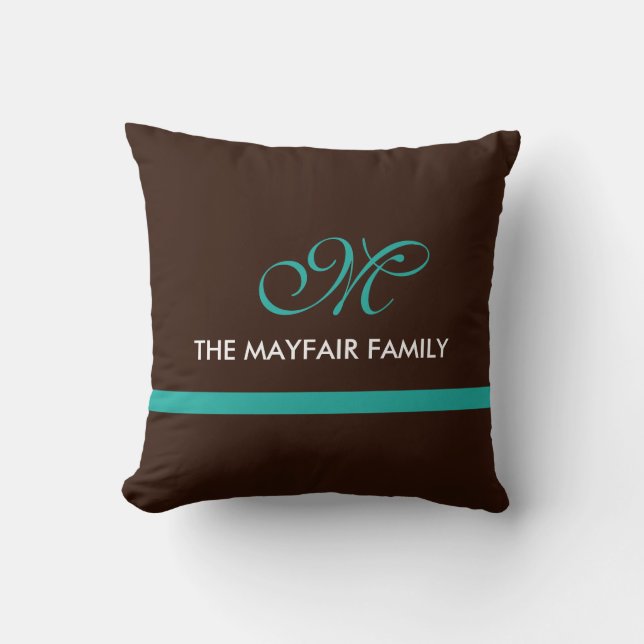 Ribbon Brown Teal Family Monogram Design Throw Pillow (Front)