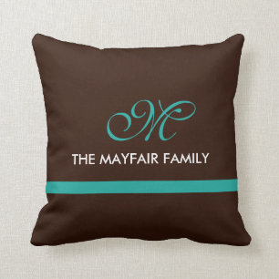 Ribbon Brown Teal Family Monogram Design Throw Pillow