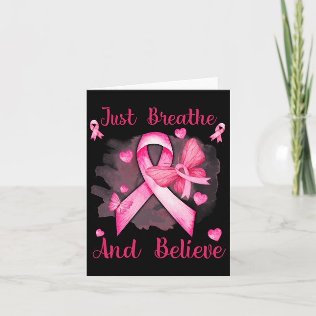 Ribbon Butterfly Breathe And Believe Breast Cancer Card (Front)