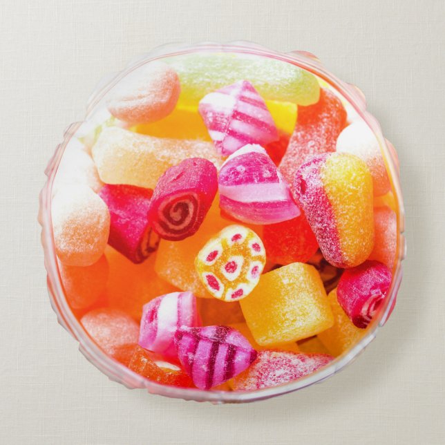 Ribbon candy jar cute colorful sweets pink round pillow (Front)