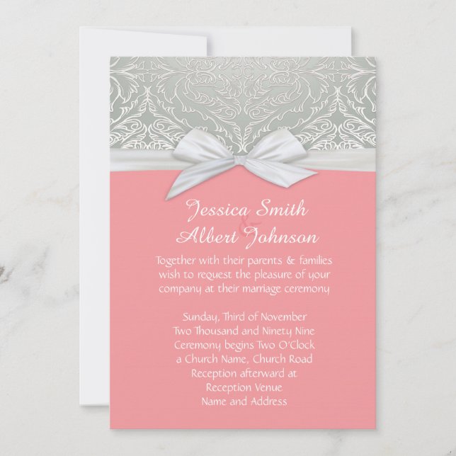 Ribbon Coral/Silver Lace Damask Wedding Invite (Front)