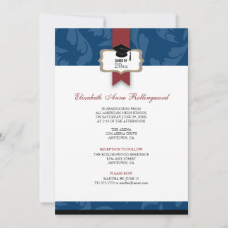 Ribbon Crest Curls Pattern Graduation: Navy Blue Invitation