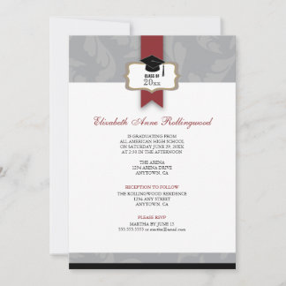 Ribbon Crest Curls Pattern Graduation: Silver Gray Invitation