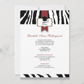 Ribbon Crest Zebra Pattern Graduation Invitation