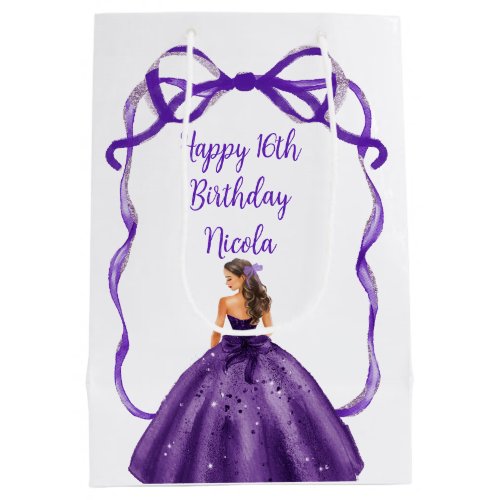 Ribbon Dark Purple Brunette Princess Sweet Sixteen Medium Gift Bag