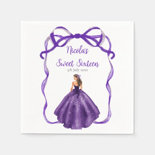 Ribbon Dark Purple Brunette Princess Sweet Sixteen Napkins
