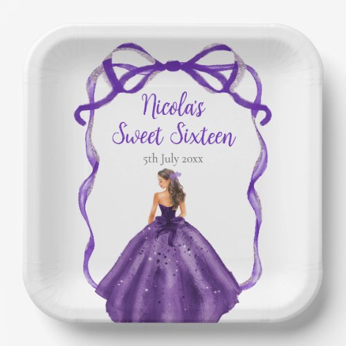 Ribbon Dark Purple Brunette Princess Sweet Sixteen Paper Plates