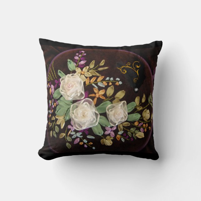 Ribbon Embroidery White Roses Throw Pillow (Front)