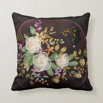 Ribbon Embroidery White Roses Throw Pillow by FairyWoods at Zazzle