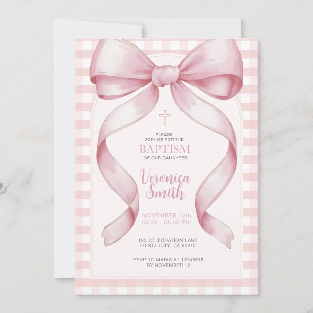 Ribbon Girl Baptism Pink Bow Pearl Necklace Invitation (Front)