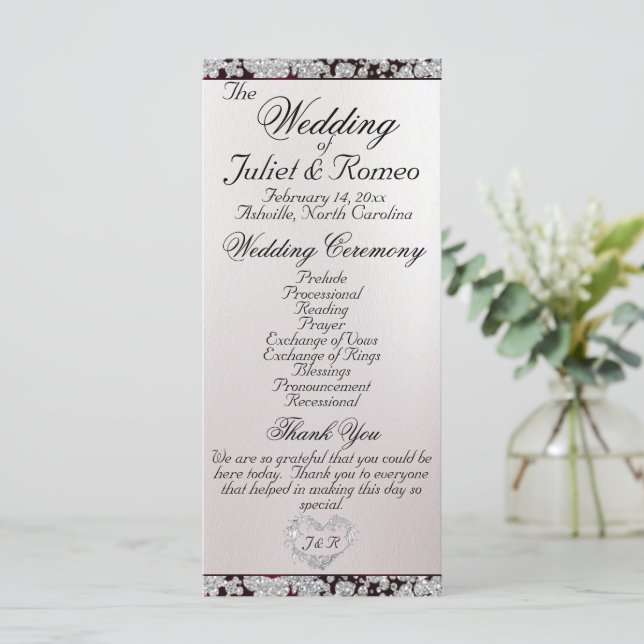 Ribbon & Glitter on Pearl - Burgundy Wedding Program (Standing Front)