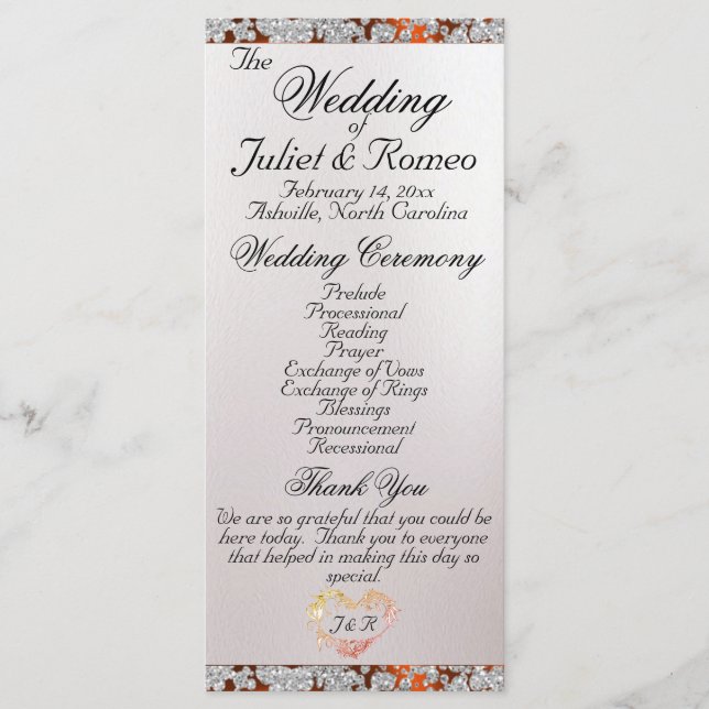 Ribbon & Glitter on Pearl - Copper Wedding Program (Front)