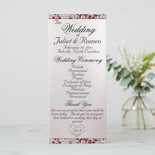 Ribbon & Glitter on Pearl - Red Wedding Program (Standing Front)