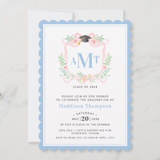 Ribbon Graduation | 3 Letter Blue Monogram Crest Invitation