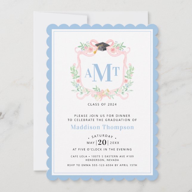 Ribbon Graduation | 3 Letter Blue Monogram Crest Invitation (Front)