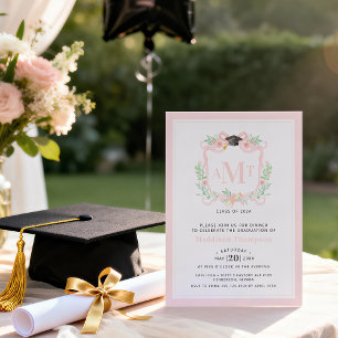 Ribbon Graduation   3 Letter Pink Monogram Crest Invitation