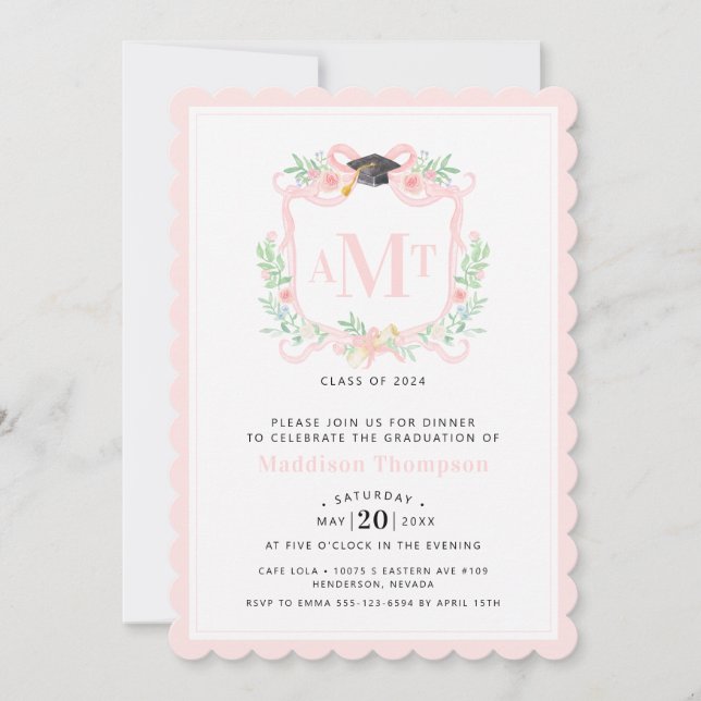 Ribbon Graduation | 3 Letter Pink Monogram Crest Invitation (Front)