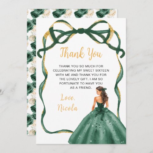 Ribbon Green Brown Hair Princess Sweet Sixteen Thank You Card