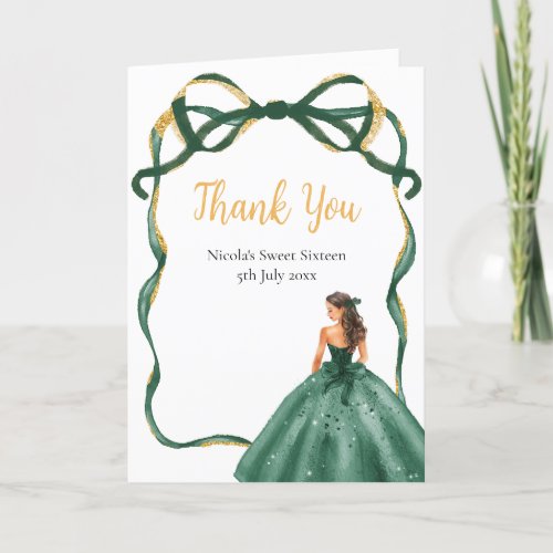 Ribbon Green Brown Hair Princess Sweet Sixteen Thank You Card