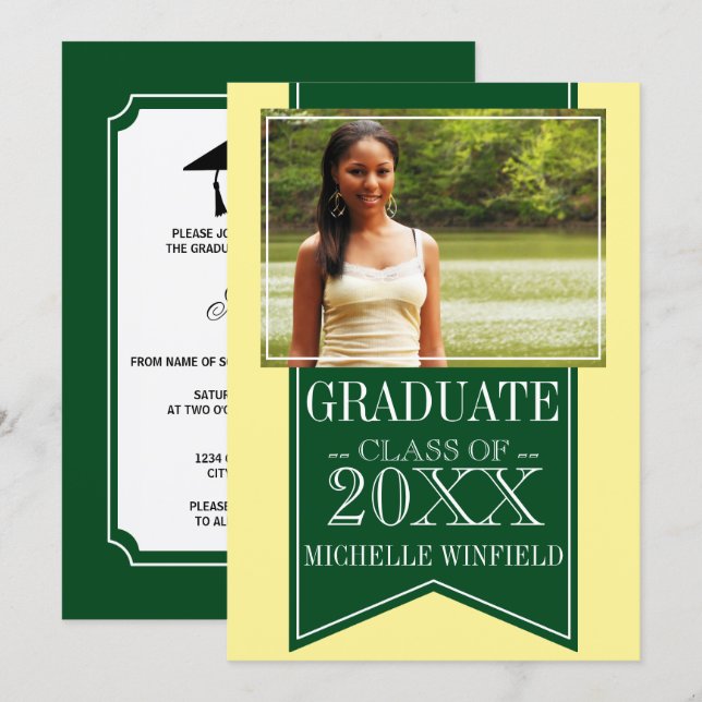 Ribbon Green School Colors Photo Graduation Invitation (Front/Back)
