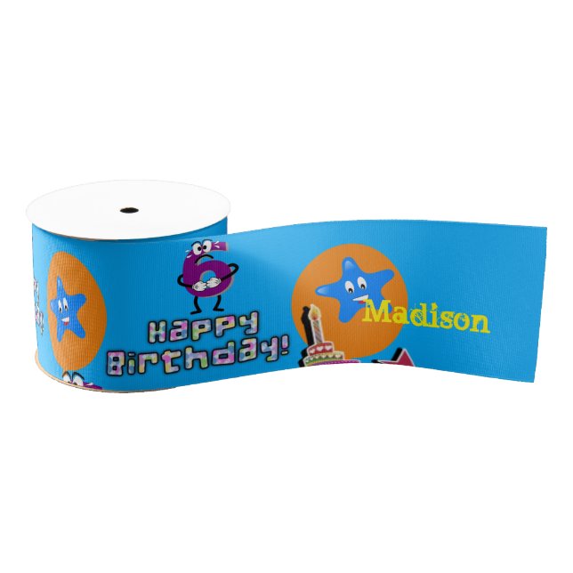Ribbon, Happy 6th Birthday Ribbon, Blue Grosgrain Ribbon (Spool)