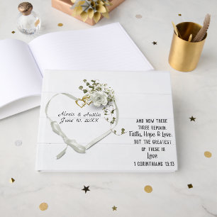 Ribbon Heart and Scripture Verse On White Wood Guest Book