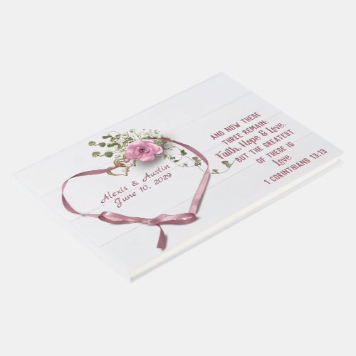 Ribbon Heart and Scripture Verse On White Wood Guest Book