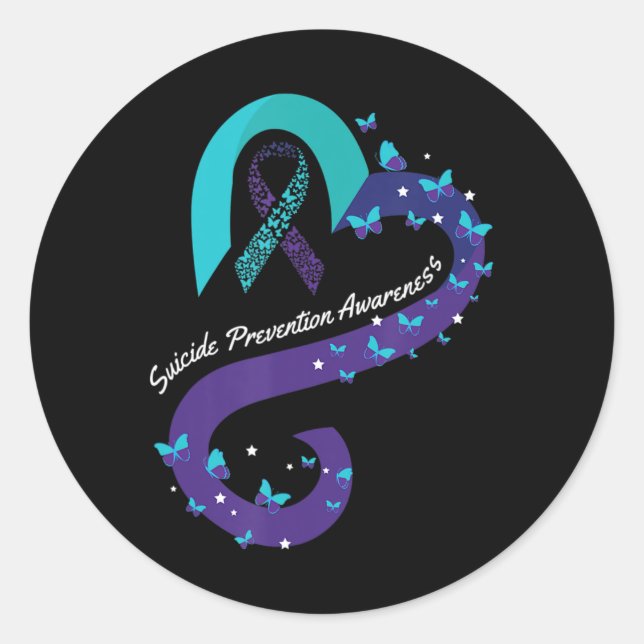 Ribbon Heart Butterfly Suicide Awareness Mental He Classic Round Sticker (Front)