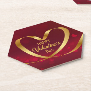 Ribbon Heart Gold Happy Valentine's Day Red Paper Coaster
