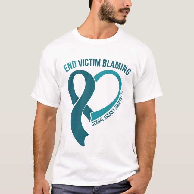 Ribbon Hearts End Victim Blaming Assault Awareness T-Shirt (Front)