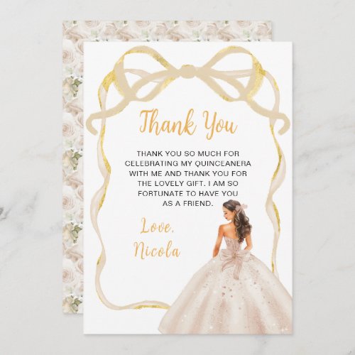 Ribbon Ivory Brown Hair Princess Quinceanera Thank You Card