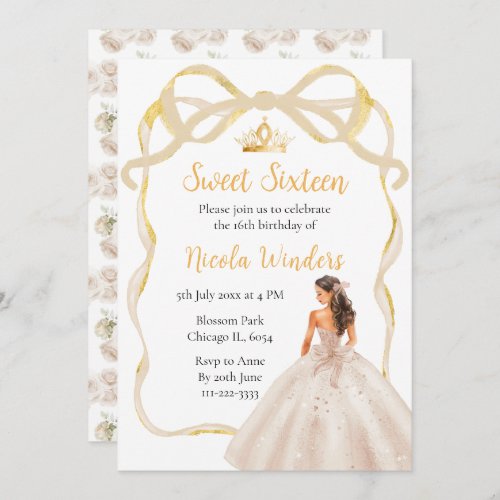 Ribbon Ivory Brown Hair Princess Sweet Sixteen Invitation