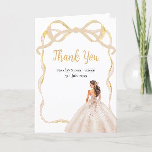 Ribbon Ivory Brown Hair Princess Sweet Sixteen Thank You Card