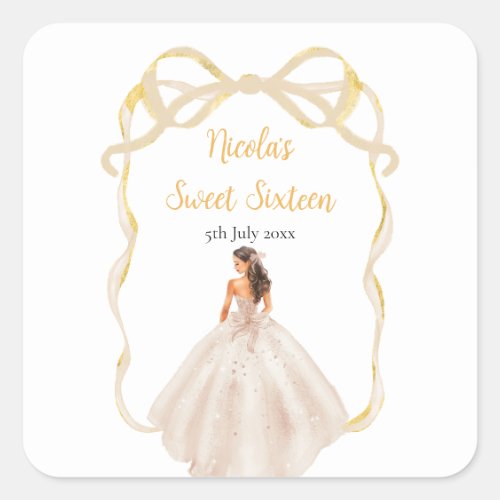 Ribbon Ivory Brunette Princess Sweet Sixteen Square Sticker