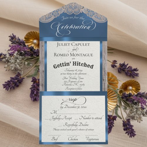 Ribbon & Lace Gettin' Hitched - Blue All In One Invitation
