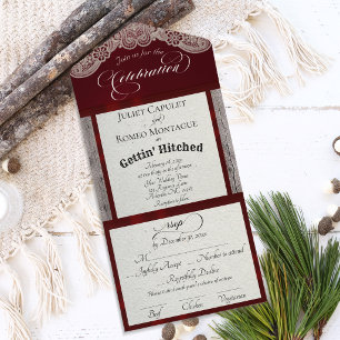 Ribbon & Lace Gettin' Hitched - Burgundy All In One Invitation