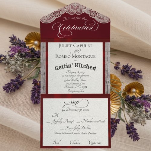 Ribbon & Lace Gettin' Hitched - Burgundy All In One Invitation