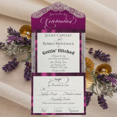 Ribbon & Lace Gettin' Hitched - Plum All In One Invitation