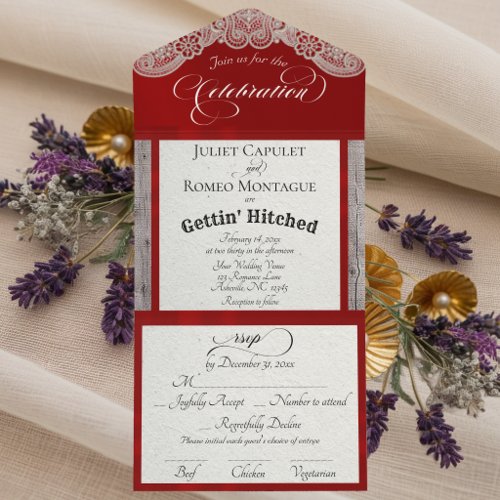 Ribbon & Lace Gettin' Hitched - Red All In One Invitation