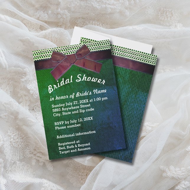 Ribbon, Lace, Green & Blue Burlap Bridal Shower Invitation (Ribbon, Lace, Green & Blue Burlap Bridal Shower Invitation)