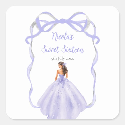 Ribbon Lavender Brown Hair Princess Sweet Sixteen Square Sticker