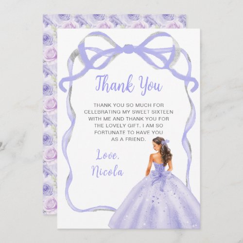 Ribbon Lavender Brown Hair Princess Sweet Sixteen Thank You Card