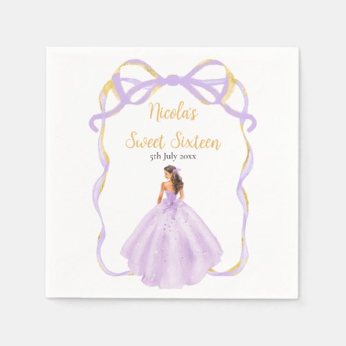 Ribbon Lilac Brown Hair Princess Sweet Sixteen Napkins