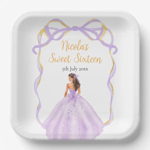 Ribbon Lilac Brown Hair Princess Sweet Sixteen Paper Plates