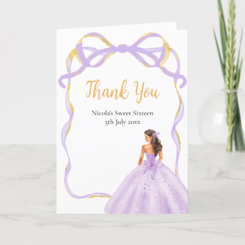 Ribbon Lilac Brown Hair Princess Sweet Sixteen Thank You Card