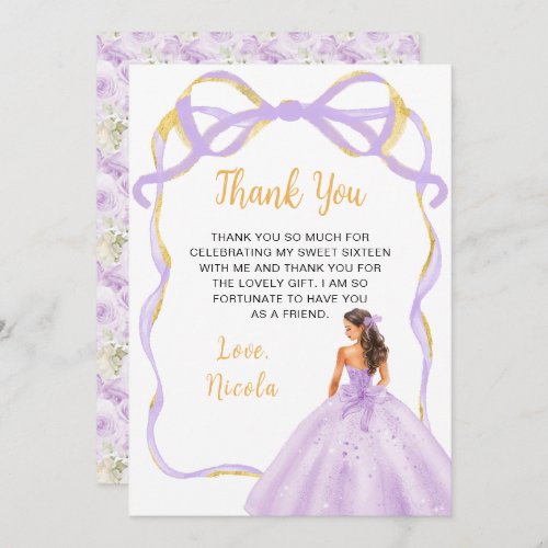 Ribbon Lilac Brown Hair Princess Sweet Sixteen Thank You Card