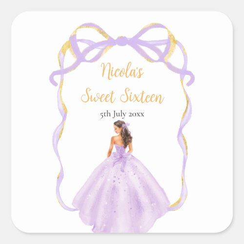 Ribbon Lilac Brunette Princess Sweet Sixteen Square Sticker