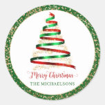 Ribbon Merry Christmas Tree Gold Glitter  Classic Round Sticker