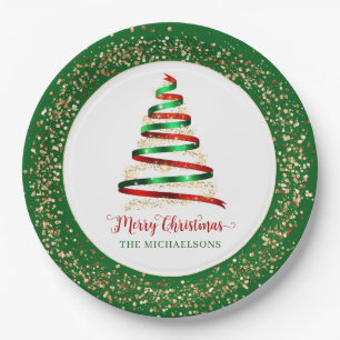 Ribbon Merry Christmas Tree Gold Glitter Paper Plates